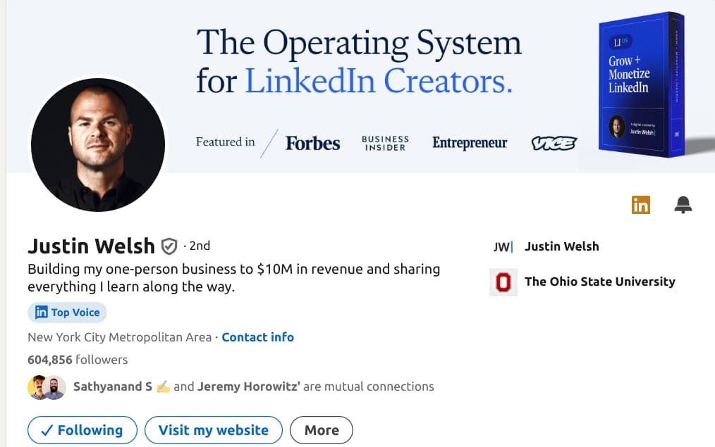 LinkedIn Profile example by Justin Welsh to grow email list