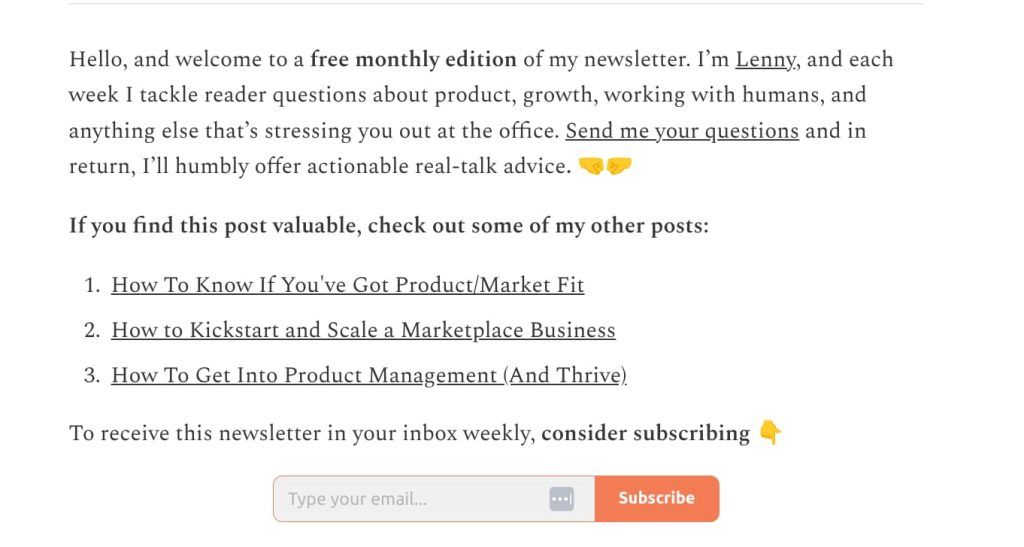 Sign-up example by Lenny Newsletter for growing email list