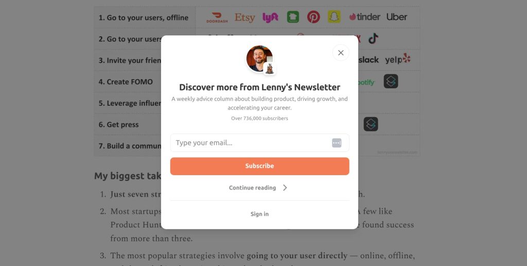 Sign-up form example by Lenny Newsletter to grow email list