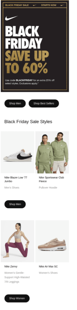 Black Friday email example by Nike