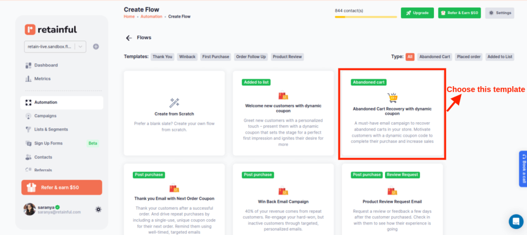 Choosing the abandoned cart recovery flow in Retainful