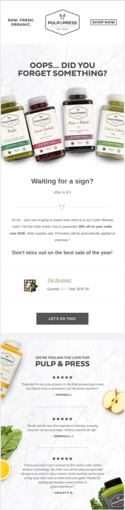 WooCommerce cart recovery email example about including social proof