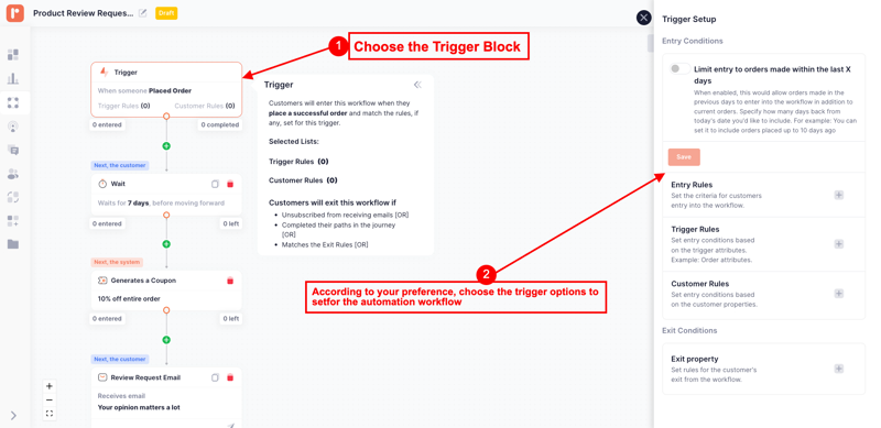 Setting up triggers, wait time and entry rule in Shopify abandoned cart recovery workflow