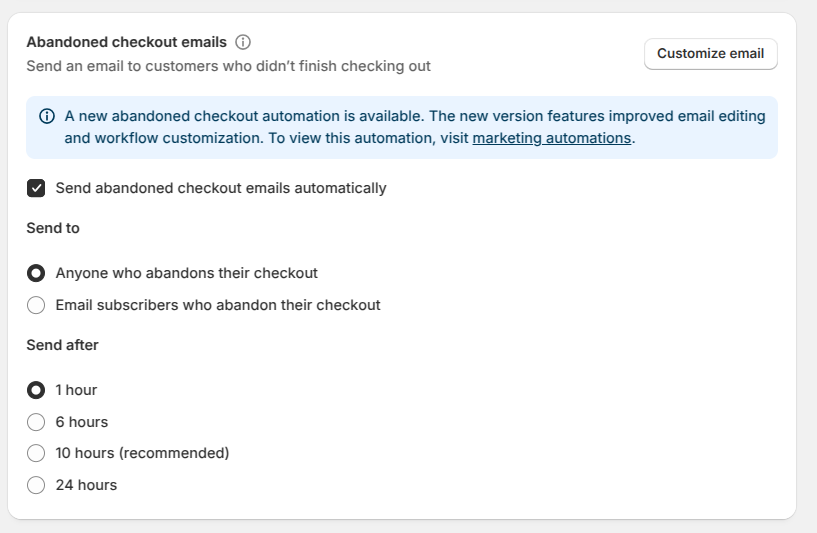 Shopify abandoned checkout to configure when to send the email