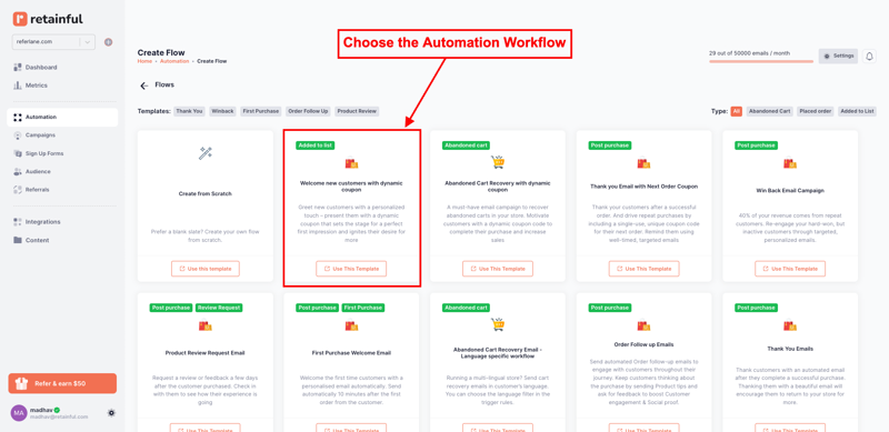 Shopify abandoned cart recovery workflow in Retainful