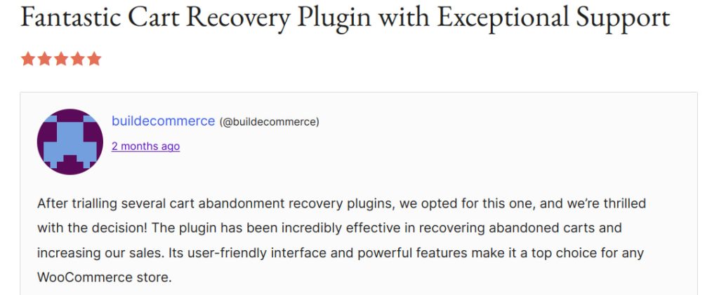 Customer review about Retainful WooCommerce abandoned cart plugin