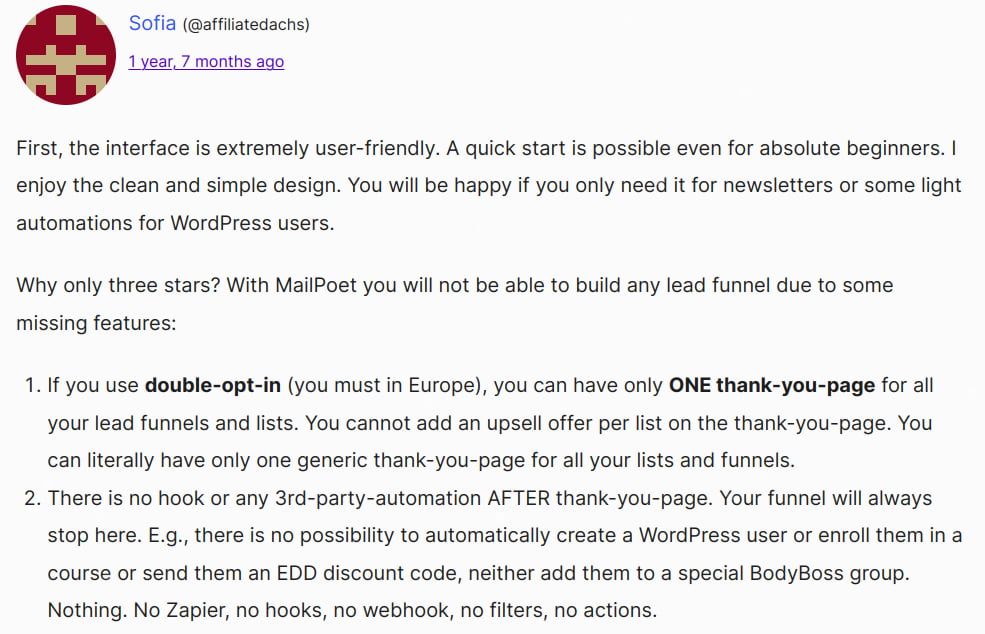 Customer review about MailPoet WordPress email marketing plugin