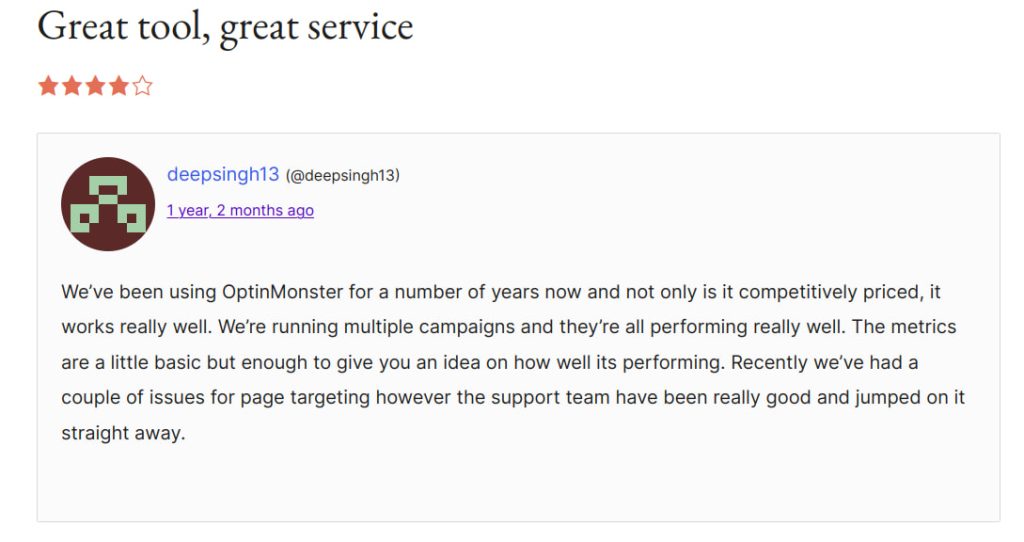 Customer review about Optinmonster WordPress email marketing plugin