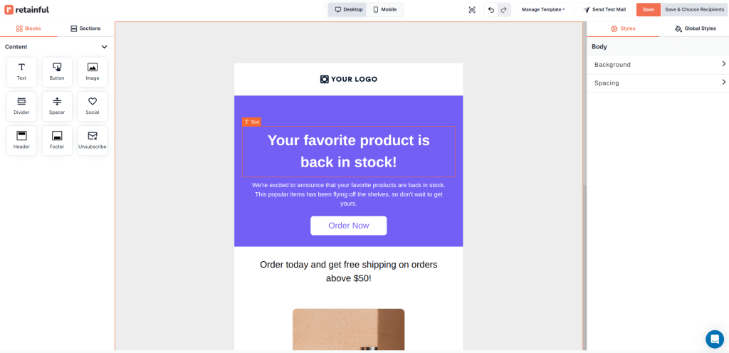 Customize the WooCommerce newsletter template content in Retainful