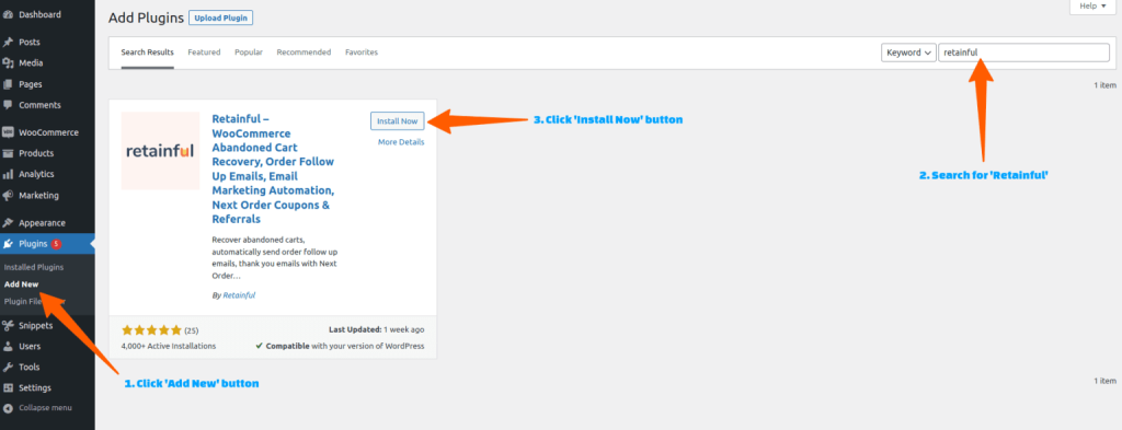 Installing Retainful WooCommerce newsletter plugin