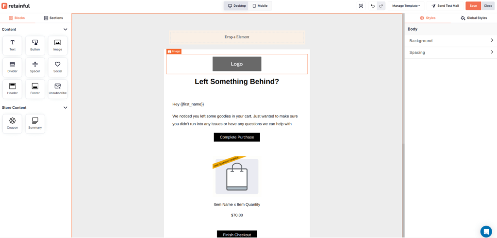 Drag-and-drop email editor in Retainful email marketing app