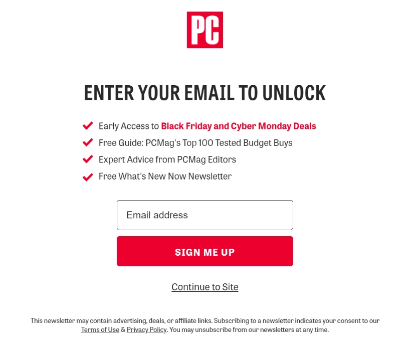 Email newsletter signup example by PCMag