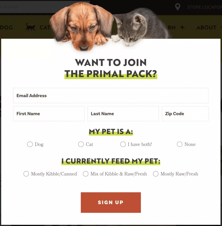 Email newsletter signup example by Primal pet foods