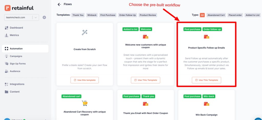 Choose the pre-built automation workflow to send custom product-specific WooCommerce emails