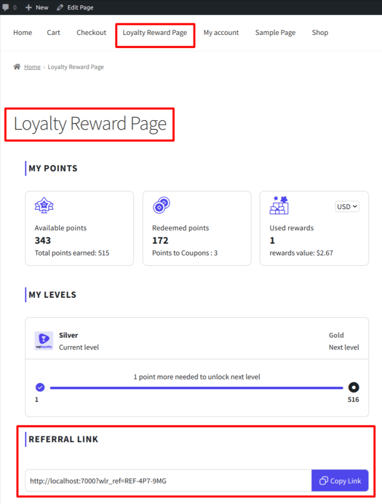 Loyalty reward page in WPLoyalty