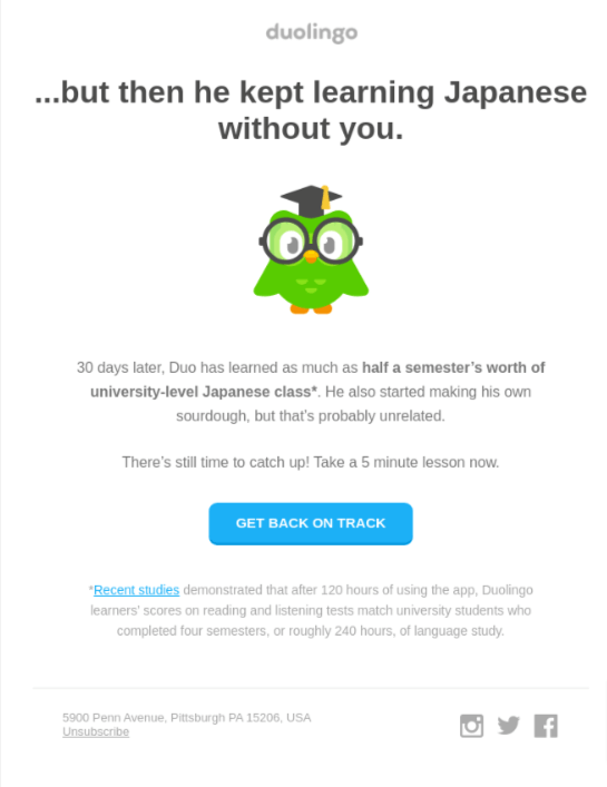 Win-back email example by Duolingo