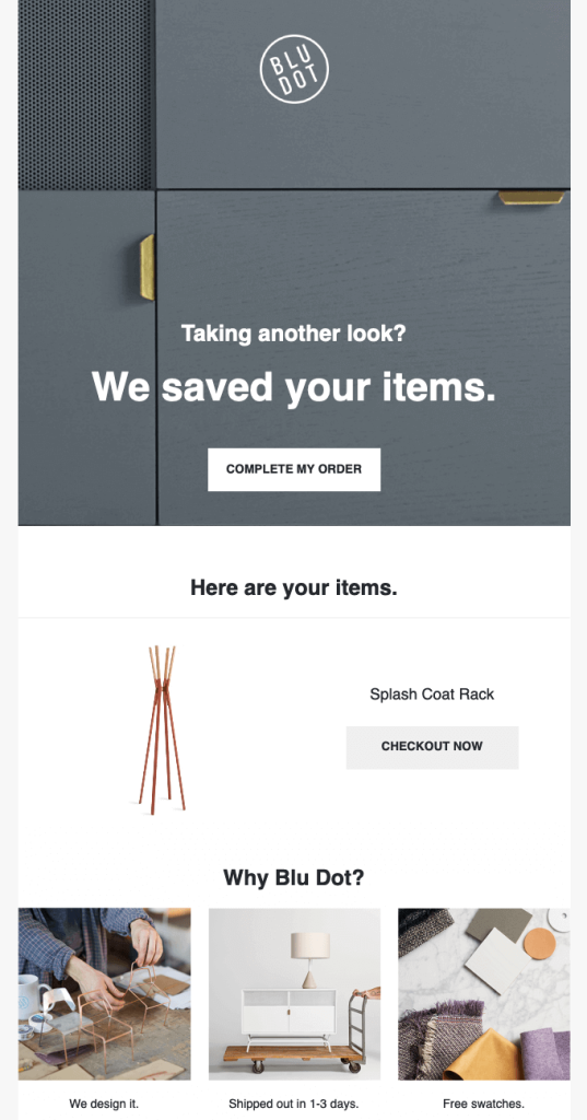 Abandoned cart email example about reaffirming brand’s unique selling points