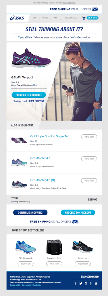 Abandoned cart email example by Asics