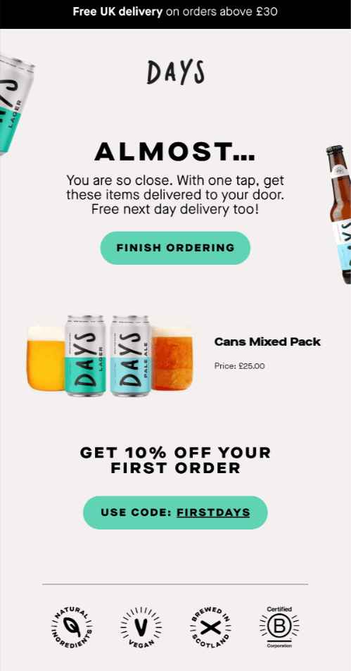 Abandoned cart email example with a first purchase offer for a new customer