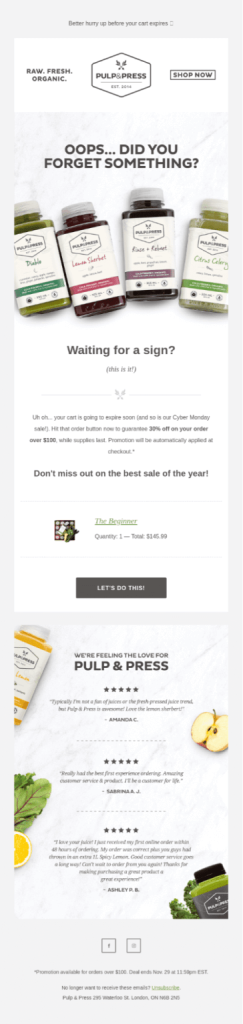 Cart abandonment email template about Reminder + Social proof