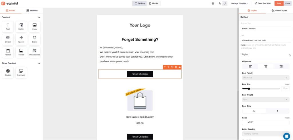 Customizing abandoned cart email template in the Retainful