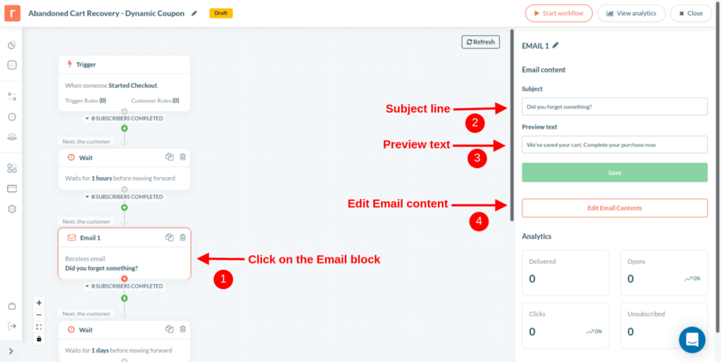 Editing abandoned cart email content in the Retainful