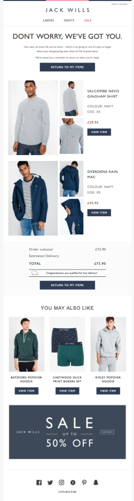 Jack Wills's abandoned cart email example