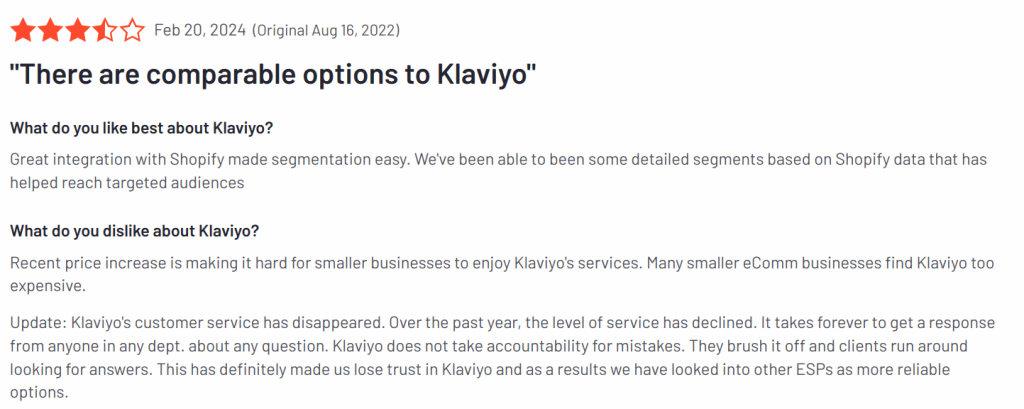 Customer Review for Klaviyo from G2.com
