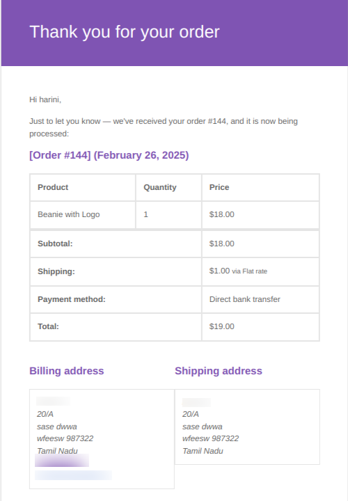 Fully customized WooCommerce order confirmation email template