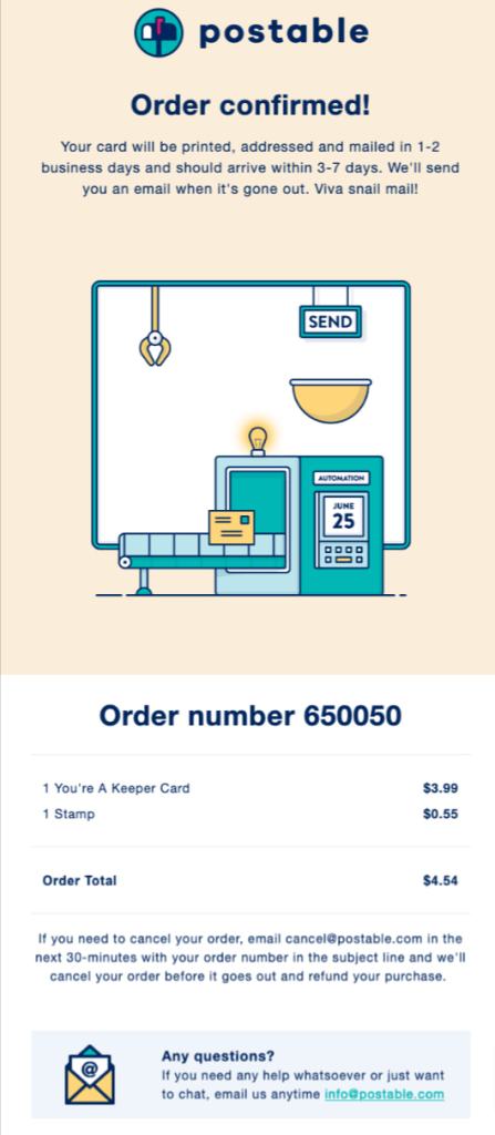 Shopify order confirmation email template by Postable