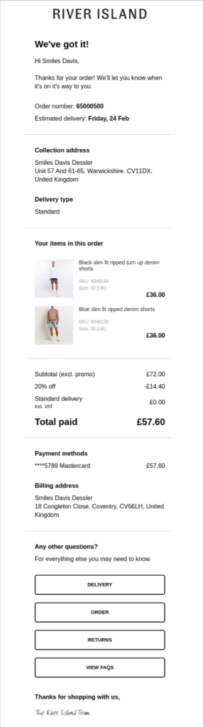 Shopify order confirmation email template by River Island