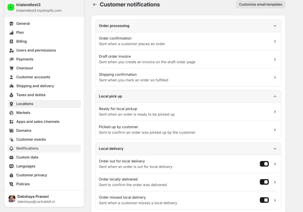 shopify default settings