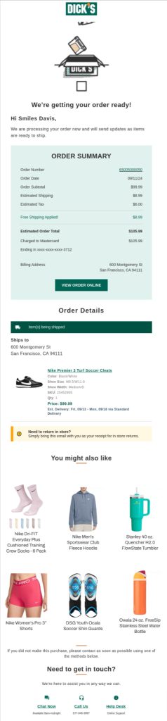 Best order confirmation email example by Dick's