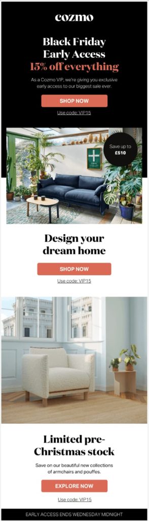 Black Friday VIP early access email by Cozmo