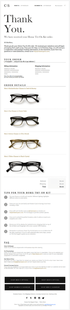 Classic specs’s personalized order confirmation email example