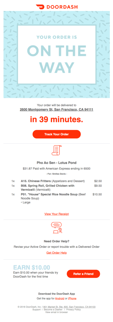 Door dash's email order confirmation example