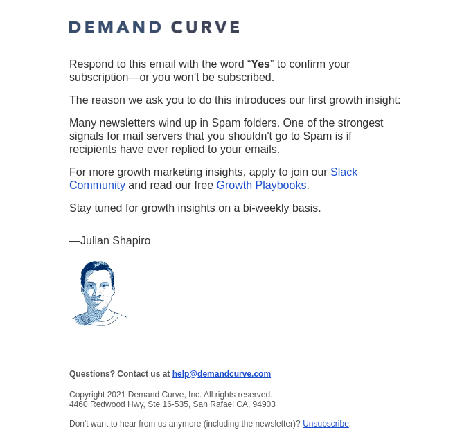 Double opt-in email example by Demand Curve