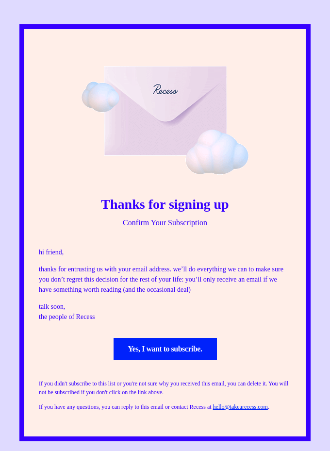 Double opt-in email example example by Recess