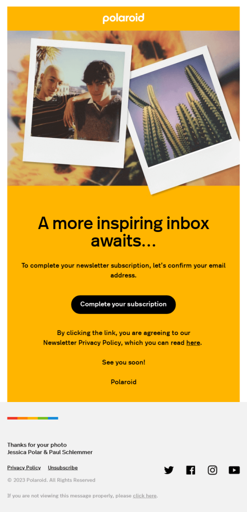 Double opt-in email message example by Polaroid