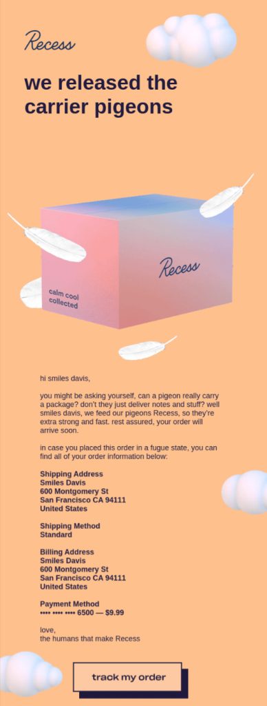 Order confirmation email template by Recess 