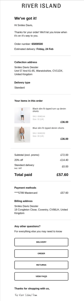 Best order confirmation email template by River Island