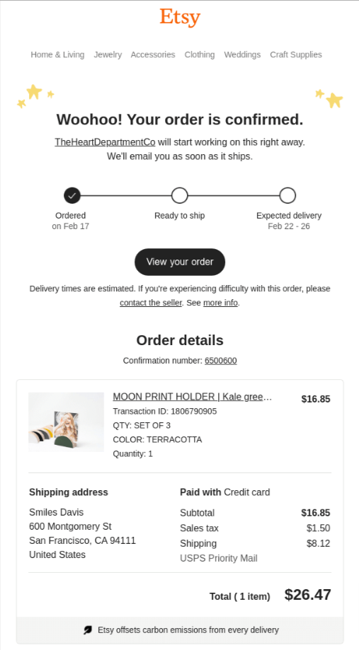 Best order confirmation example by Etsy