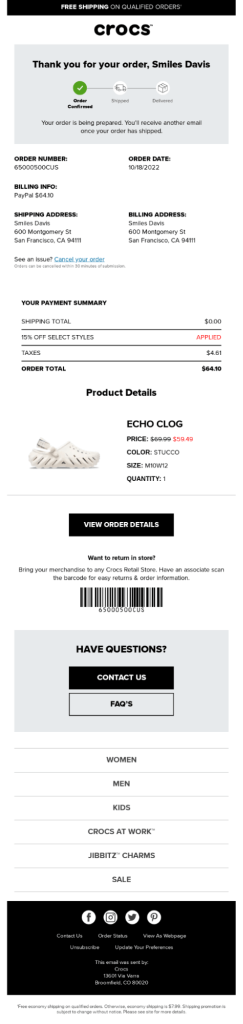 order confirmation email example by Crocs