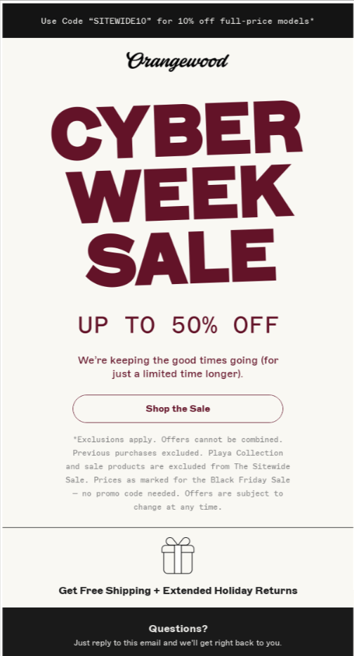 Cyber Monday email example by Orangewood