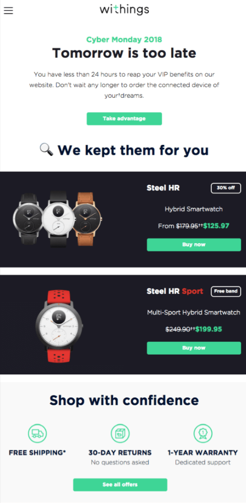 Cyber Monday email marketing example by Withings