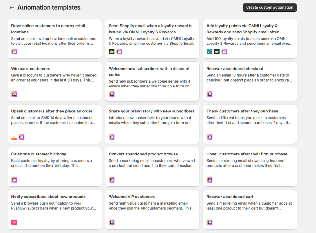 Choosing Shopify automated email workflow templates in Shopify Email