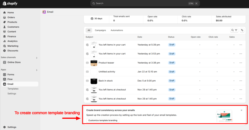 Creating template branding in Shopify email