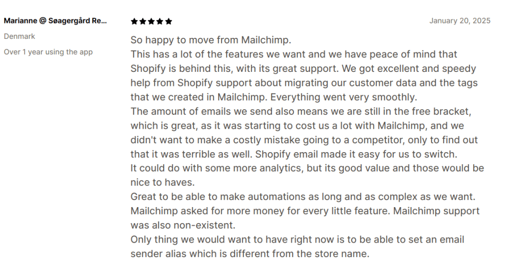 Customer review about switching from Mailchimp to Shopify Email