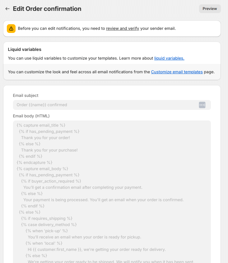 Customizing Shopify order notification email templates in HTML code editor