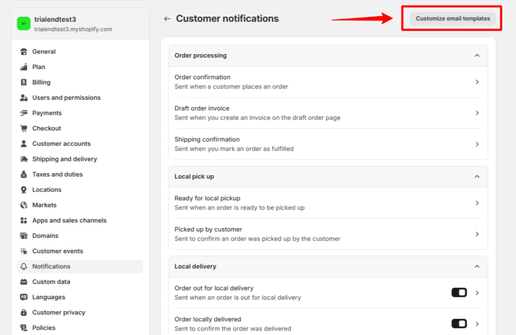 Customizing order emails in Shopify admin